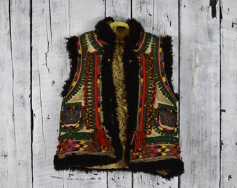 Antique Ukrainian vest / Traditional Ukrainian sleeveless shirt / Hutsul vest kiptar / Ukrainian folk sleeveless fur sheepskin coat