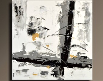 ABSTRACT PAINTING Black White Gray Gold Painting Original Canvas Art Contemporary Abstract Modern Art 36x36 wall decor - Unstretched - 39Wi1