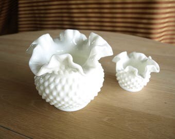 Two Fenton White Milk Glass Hobnail Crimped Ruffled Rim Rose Open Bowl Vase – One Large and One Small
