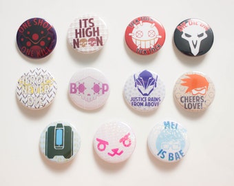 OVERWATCH 1.5" pinback buttons | badges | pins (Mei, D.va, Mercy, Mcree, Junkrat, Tracer, Reaper, Sombra) | KeikiiArt