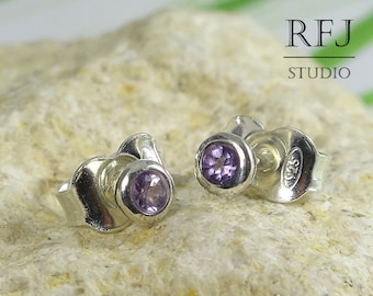 Natural Amethyst Silver Stud Earrings, 2 mm Round Cut Amethyst Tiny Sterling Earrings Small Amethyst Earrings, Studs, Tiny, Little Earrings