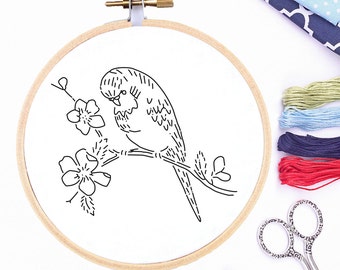 Vintage Hand Embroidery Pattern Reproduction Parakeet on Dogwood Branch Embroidery PDF 1930's Embroidery Pattern Printable