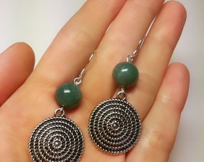 Green agate earrings, Silver Earrings, Handmade earrings,Drop Earrings,Beaded Earrings,boho earrings