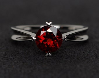 red garnet ring natural red gemstone ring round cut silver engagement ring anniversary gift January birthstone ring