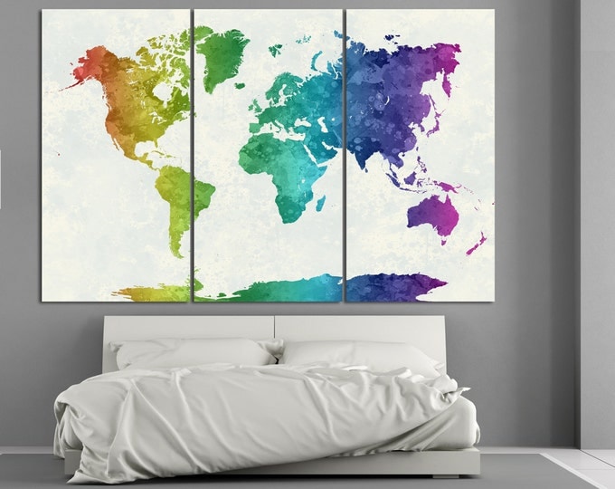 Large Watercolor Rainbow Map Wall Art Print, colorful map poster / 1,2,3,4 or 5 Panels on Canvas Wall Art for Home & Office Decoration