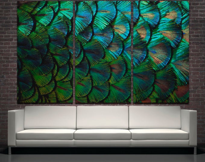 Large peacock feathers wall art digital poster home decor canvas print set, green abstract peacock art water drops digital poster wall decor