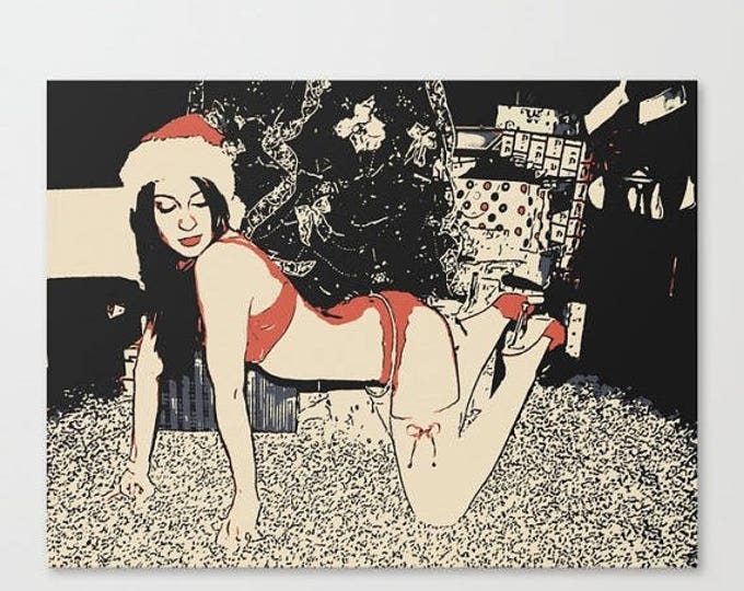 Erotic Art Canvas Print - Naughty Christmas Miss Santa gone Wild, red heels and lingerie, sexy pop art style, sensual girl in erotic act art