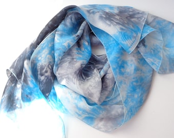 blue and navy blue silk scarf, long silk scarf, hand dyed silk scarf, handmade silk scarf,elegant silk scarf,gift for her