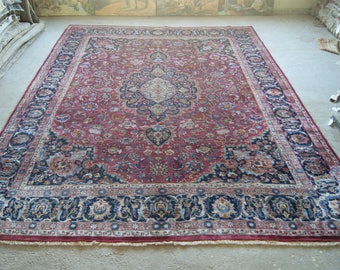 9'8''x12'10'' Antique Persian Rug, Large Red Carpet, Vintage Mashhad Rug, Handmade Rug, Floral Carpet, Large Rug, Area Rug, 10x13 Carpet