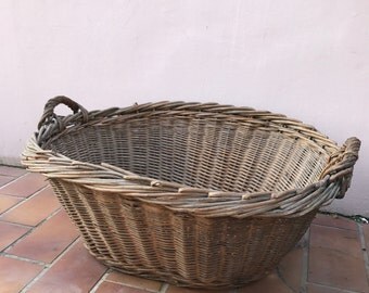 Basket Wicker Rattan 2 Handle Laundry Basket Shape vintage french 25021727
