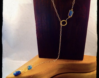 Vermeil Chain Lariat with Gold leaf Kyanite focal piece,lustrous faceted Chrysocolla Pear Drop,Gold Gemstone Lariat,Boho,wedding,Valentine