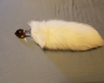White Fox Tail Butt Plug, Glass Butt Plug