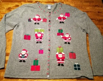 Vintage Hand Knit Grey Santa holding Presents CUTE minimalistic Christmas Sweater!