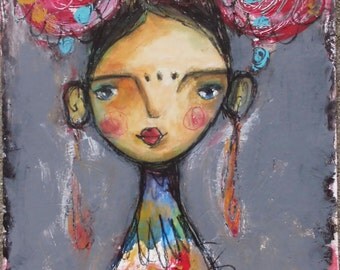 Frida 47b, original paintings, mixed media portrait, acrylic painting, mixed media