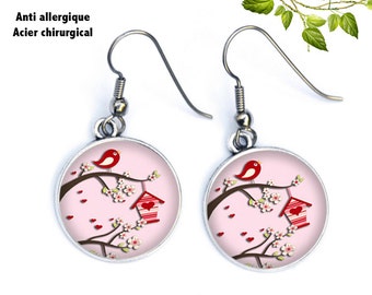 boucles d'oreilles roses oiseaux, moineaux sur branche, ref.392