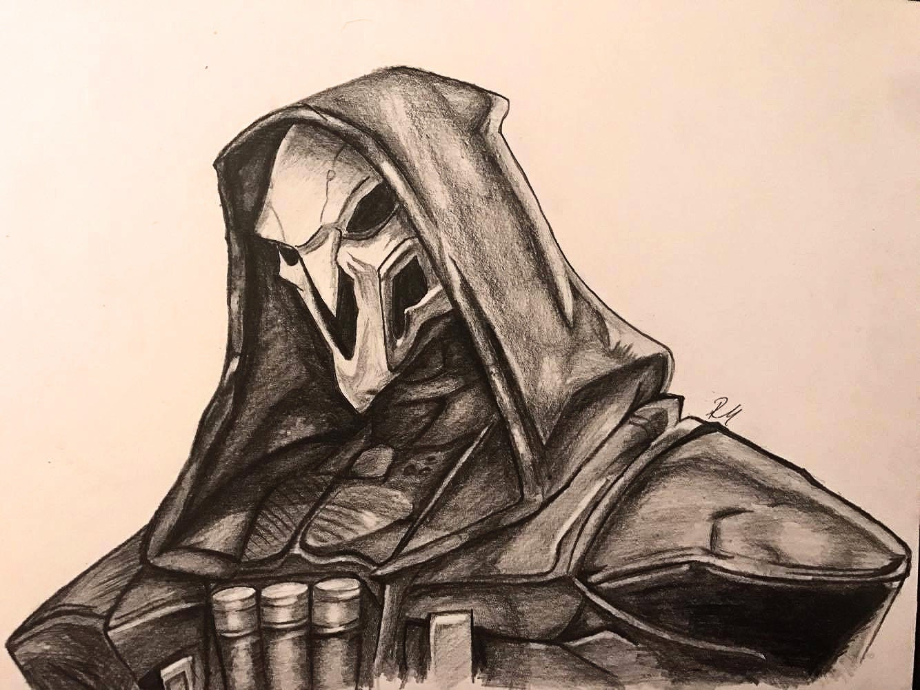 Reaper From the game Overwatch. Print of pencil drawing.