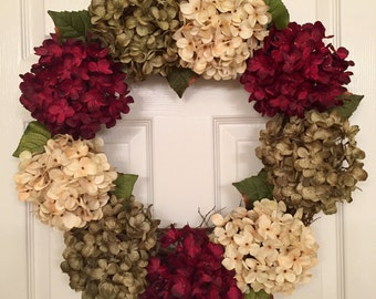 Holiday Hydrangea Wreath - Winter Wreath for Front Door - Red Holiday Wreath - Hydrangea Door Hanger - Door Decoration - Flower Door Wreath