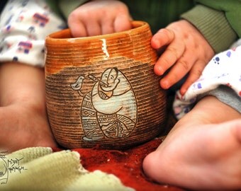 Ceramic mug with piper, 12 oz, Pottery mug, Unique mug, Orange cup, Gift Pottery teacup, mug with musician