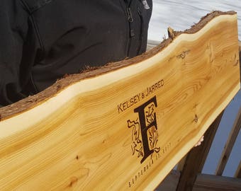 Personalized Wedding Guest Book Wood Slab Woodburned Handcrafted Customized Wood Signs ( Cedar w/ Live Edge & Bark)