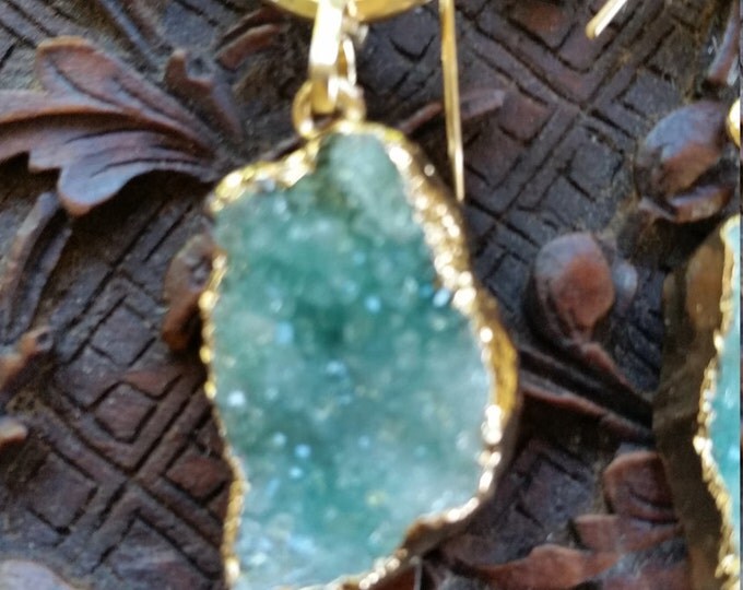 Earrings in 14k Gold Filled Hand Textured Circle with an Aqua Druzy Dangle