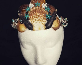 Turquoise Starfish and Pearl Mermaid Crown, Star Fish Crown, Festival Wear, Sea Shell Crown, Beach Crown, Brown and blue crown, Shells