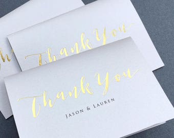 Gold Foil Thank You Note Card Set / Calligraphy Real Gold Foil Thank You Cards / Modern Stationery / Folded Shimmer Note Cards - T389