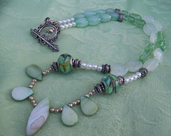 21" BEADED NECKLACE with Sage Green, Whites, and Silver tones