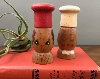 Face Salt and Pepper Shakers - Vintage - Wooden