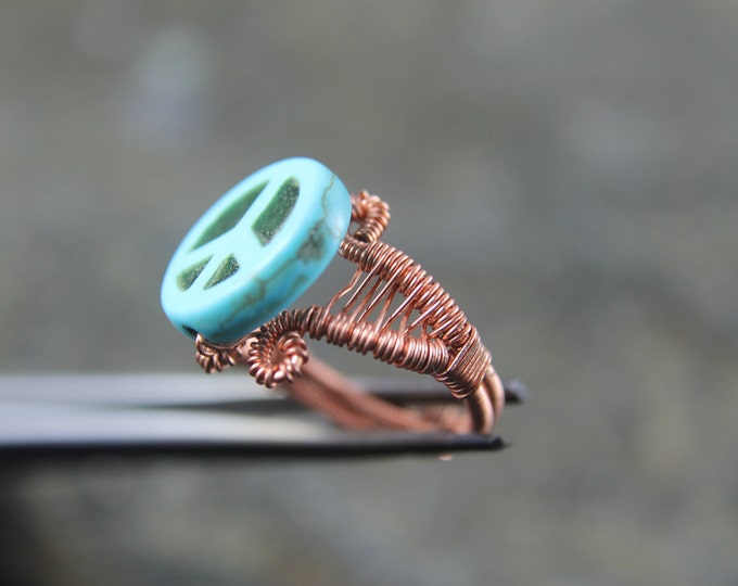 Copper Wire Weave Peace Symbol Ring Size 7, Wire Wrap Beaded Hippie Jewelry, Turquoise Howlite, Unique Valentine's Day Gift for Him or Her
