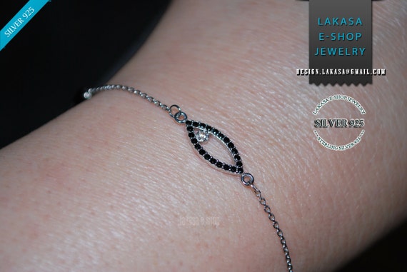 eye bracelet 925 sterling silver white gold plated jewellery chain black crystals strass best ideas gift woman birthday baptism christmas