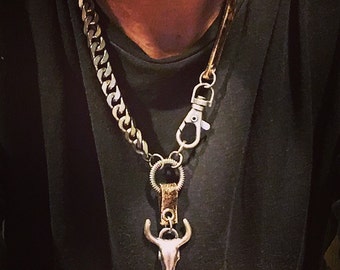 Punk Necklace, Steam Punk Necklace, Silver Necklace, Leather Necklace, Gothic Necklace, Long Necklace, Biker Necklace, Rocker Necklace