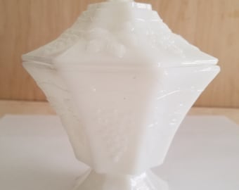 Milk Glass Candy Dish with Lid - Grape and Vine Pattern