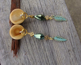 Wood plug dangle earrings - gauges- green gold feather dangles- tear drop-crystal glass bead- Birthday gift-gift for her- handmade
