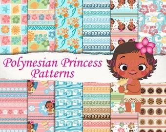 12 Polynesian Princess patterns, Baby Moana clipart, sheets, seamless, scrapbooking, digital paper, invitation, birthday party decoration