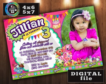 SHOPKINS Birthday Invitation, CUSTOM Digital File, Any age, With Photo