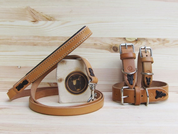 Dog Collar and Leash Set in Natural Leather - Comfort Adjustable Collar and Strong Classic 4 Foot Leash with Comfort Grip - YupCollars