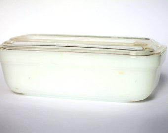 Vintage Fire King White Milk Glass Refrigerator Dish with Clear Space Saver Glass Lid