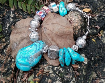 Arizona Sleeping Beauty Turquoise,African Trade Beads and Hill Tribe Silver Beads Bracelet,Natural Turquoise,Chunky bracelet