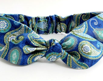 paisley headband, baby, baby headband, baby headband and bows baby headband bows, blue sea paisley print with metallic gold accents