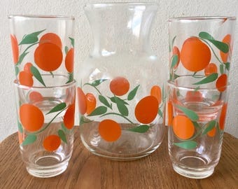 1970s Juice Carafe with 4 Glasses Oranges and Leaves Decanter Pitcher Jug Breakfast Set