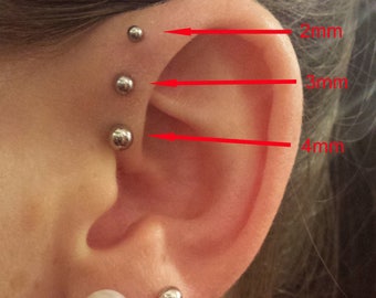 Triple Forward Helix, 16g, 2mm 3mm 4mm Balls, Labret Studs, 6mm Flat Back, Single Or Set, Fits Helix, Tragus, Labret, Ear, Cartilage