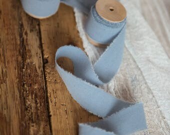 Dusty Blue ribbon 1" Hand dyed Cotton bridal bouquet blue ribbon, Wedding decor ribbon, gift wraps, invitation ribbon, vegan wedding