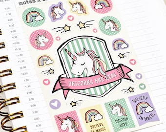 Unicorn Stickers, Unicorn Planner Stickers, Rainbow Stickers, Book Stickers, Sheet of 27 Stickers
