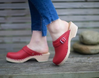 Swedish Clogs Classic Red Leather With Strap by Lotta from Stockholm / Wooden Clogs / Handmade / Mules / Low Heel Shoes / Scandinavian /