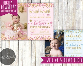 Twinkle Twinkle Little Star Birthday Invitation, Twinkle Twinkle Invite, Photo - Printable DIY