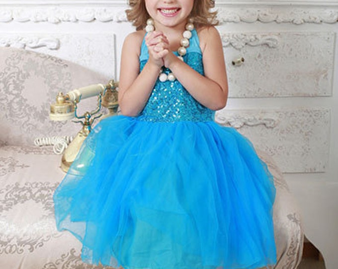 Turquoise Baby Girls Tulle and Sequine Dress, PICK COLOR: Turquoise, Royal Blue, Red, Pink, Champagne, Aqua