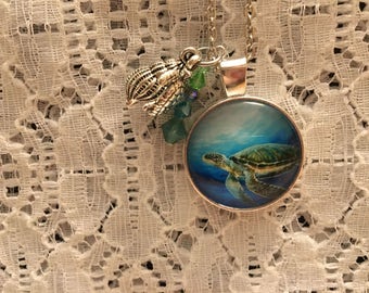 Sea Turtle Glass Pendant Charm Necklace