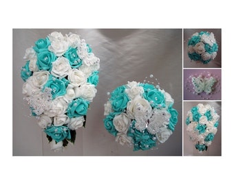 Wedding Flowers Tiffany Blue & White wedding bouquets with butterflies, Brides, Bridesmaids, Flowergirls etc