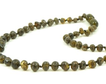 Amber Teething Necklace, 28-36 cm (11-14 in), Hand-made from Baroque Style Dark Green Color Baltic amber Beads, Knotted, Screw Clasp, B023