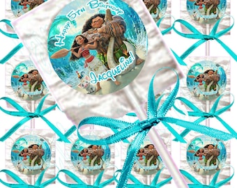 Moana or Maui or Baby Moana PERSONALIZED Lollipops, Custom Name and Birthday , 12 pcs w/ Turquoise or Hot Pink Bows